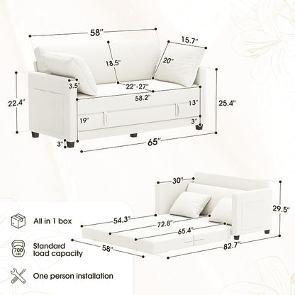 Myroyalsit 65" Convertible Loveseat Sofa Bed, 2-in-1 Folding Sofa Bed with 2 Pillow for Small Spaces, Modern Loveseat Sleeper Couch for Apartment, Living Room & Guest Room (Beige Chenille, 65 inch)