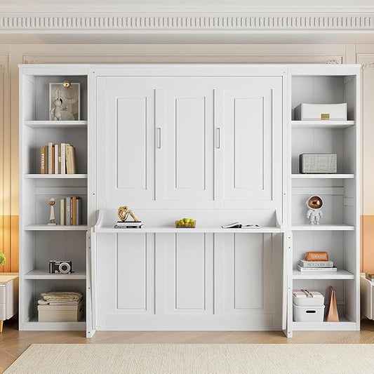 MERITLINE Full Murphy Bed with Desk and Storage Shelves, Wood Murphy Wall Bed Cabinet with with Storage Cabinet Vertical Units
