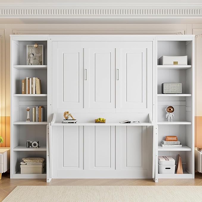 MERITLINE Full Murphy Bed with Desk and Storage Shelves, Wood Murphy Wall Bed Cabinet with with Storage Cabinet Vertical Units