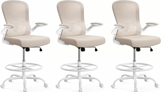 ErGear Drafting Chair,Tall Office Chair with Flip-Up Armrests, High Desk Chair Adjustable Height and Adjustable Footrest Ring, Ergonomic Standing Desk Chair with Lumbar Support, Khaki,3 Pack