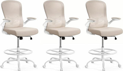ErGear Drafting Chair,Tall Office Chair with Flip-Up Armrests, High Desk Chair Adjustable Height and Adjustable Footrest Ring, Ergonomic Standing Desk Chair with Lumbar Support, Khaki,3 Pack