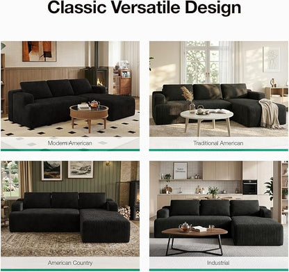 Novilla L-Shape Sectional Couches for Living Room with Smarts Coil® Support, 3 Seater Sectional Sofas for Living Room Bedroom, Corduroy Cloud Couch Sectional, No Assembly(Black, Right Hand Facing)