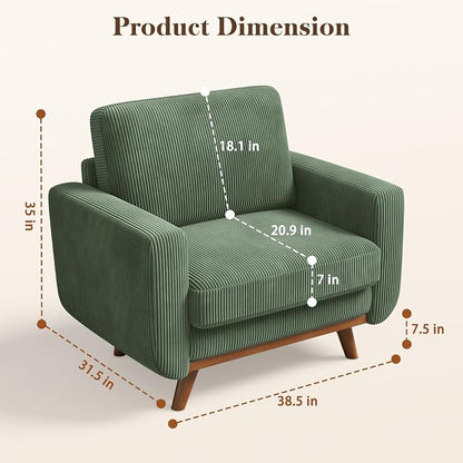 Vesgantti 38.5" Accent Chair Green, Comfy Corduroy Single Sofa Seat with Spring Cushion, Upholstered Armchair with Deep Seat, Reading Chair for Adults, Modern Sofa for Living Room, Bedroom