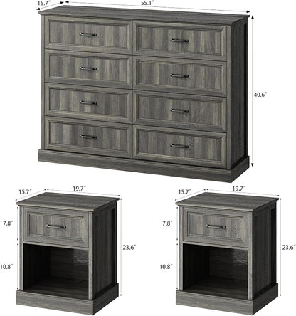 CARPETNAL Farmhouse Dresser and Nightstand Sets for Bedroom, 3 Pcs Bedroom Set, 8 Drawer Dresser & Nightstand Set of 2, Modern Wood Chest of Drawers for Bedroom, Living Room, Entryway, Grey
