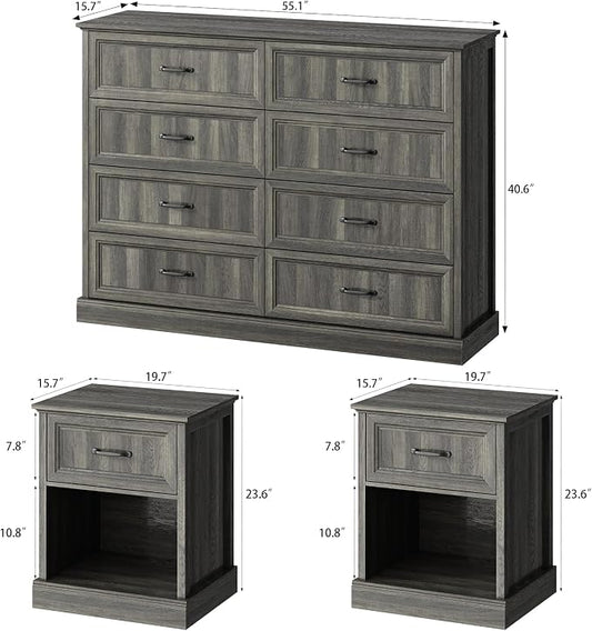 CARPETNAL Farmhouse Dresser and Nightstand Sets for Bedroom, 3 Pcs Bedroom Set, 8 Drawer Dresser & Nightstand Set of 2, Modern Wood Chest of Drawers for Bedroom, Living Room, Entryway, Grey