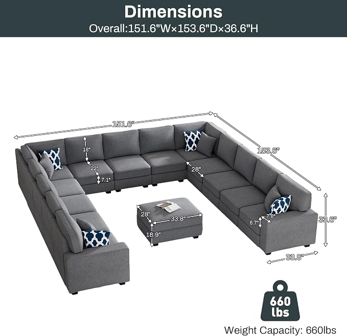 Legend Vansen Oversized Modular Sectional Sofa,U/L‑Shaped Reversible Couch with Ottoman,Deep Seat Plush Polyester Sectional for Living Room,14-Seater,Dark Grey