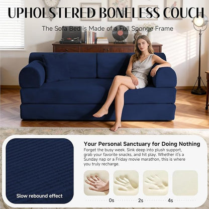 79'' Convertible Sofa Bed, 6 in 1 Folding Floor Futon Couch Sleeper with Fixed Frame, Corduroy Modular Sofa Bed with Removable Armrests & Pillows, No Assembly for Living Room Bedroom (Navy Blue)
