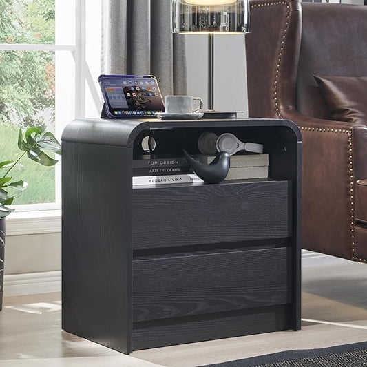 Aitjunz 25" Tall Modern Nightstand with Charging Station, 23.6'' Wide Wood Bedside Table w/2 Storage Drawers, Large Mid Century End Table for Bedroom, Living Room, Curved Profile Design, Black