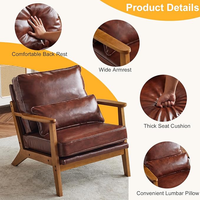 Karl home Mid-Century Lounge Accent Chair, Red-Brown | Wide Curved Armrest, PU Leather, Lumbar Pillow Included, Solid Wood Frame, For Living Room, Bedroom, Balcony, Apartment