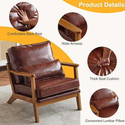 Karl home Mid-Century Lounge Accent Chair, Red-Brown | Wide Curved Armrest, PU Leather, Lumbar Pillow Included, Solid Wood Frame, For Living Room, Bedroom, Balcony, Apartment