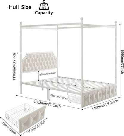 Keyluv Full Upholstered Canopy Bed Frame with 2 Storage Drawers & Button Tufted Headboard, Metal Platform Bed with 4 Removable Posts, Two-Purpose Velvet Bed, Beige/Curtain Not Included