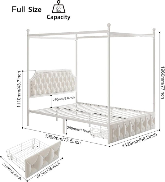 Keyluv Full Upholstered Canopy Bed Frame with 2 Storage Drawers & Button Tufted Headboard, Metal Platform Bed with 4 Removable Posts, Two-Purpose Velvet Bed, Beige/Curtain Not Included
