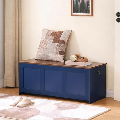 HOOBRO Storage Bench, 39.3" Retro Wooden Storage Chest, Wooden Storage Trunk, Toy Chest with Lift Top, Multifunctional Entryway Organizer, for Entryway, Living Room, Blue and Walnut UH141CW01G1