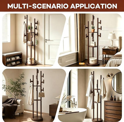 Rotary Coat Rack Freestanding - Solid Wood Coat Tree with 9 hooks & 3 Storage Shelves for Purse, Bag, Jacket, Hat, Corner Hanger Stand Racks for Hall, Entryway, Office, Modern Clothes Holder