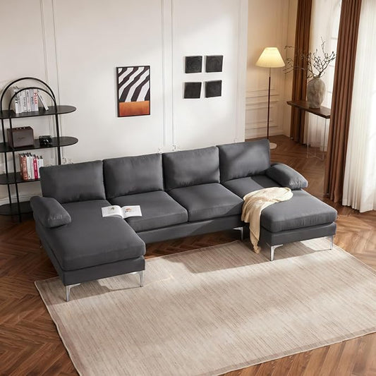 Karl home 110" Sectional Sofa U-Shaped 4-Seat Couch with Chaises Linen Fabric Upholstered for Living Room, Apartment, Office, Dark Gray