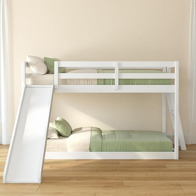 Grain & Grove Bear Twin Over Twin Bunk Bed with Slide, Low Bunk Bed Frame for Kids, Bunk with Ladder, Guardrail, and Slats, No Box Spring Required, Brushed White