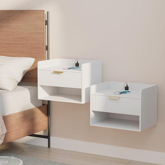 Arbuxzuy Floating Nightstand Set of 2 with Charging Station, Modern Wall Mounted Bedside Table with Drawer & Open Shelf, Minimalist Wooden Night Stand for Bedroom (White)