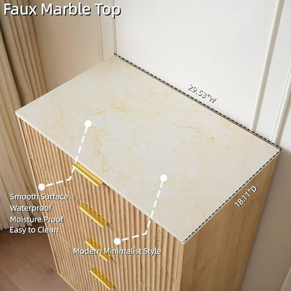 Fluted 5 Drawers Dresser for Bedroom with Faux Marble Top and Gold Handle, 48" Tall 30" Wide Wooden Chest of Drawers, Modern Closet Storage Organizer Dressers for Living Room, Hallway,Oak
