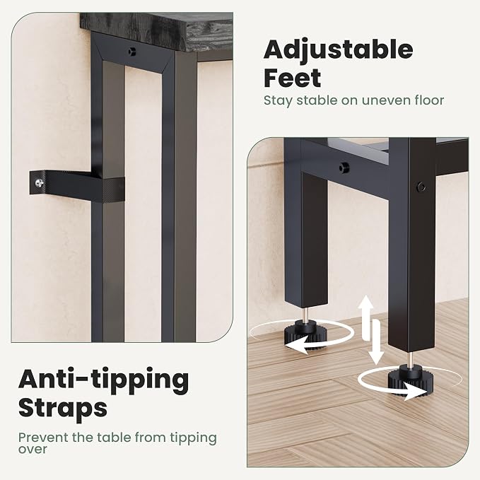 GRLEAF 70" Sofa Table with Built-in Power Strip (2 AC Outlets & 2 USB Ports) – 4.9ft Power Cord, Metal Frame, Easy Assembly, Long Couch Table Behind Sofa, Living Room and Home Office | Charcoal Gray