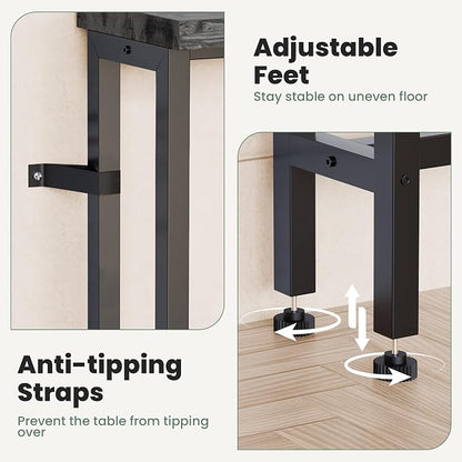 GRLEAF 70" Sofa Table with Built-in Power Strip (2 AC Outlets & 2 USB Ports) – 4.9ft Power Cord, Metal Frame, Easy Assembly, Long Couch Table Behind Sofa, Living Room and Home Office | Charcoal Gray