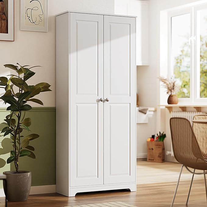 VINGLI 72" Tall Pantry Cabinet, Kitchen Pantry Storage Cabinet with 2 Doors & Adjustable Shelves, Freestanding Food Storage Cupboard for Kitchen, Dining Room, Utility Room, White
