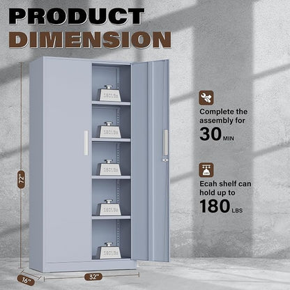 Incbruce 72” Metal Storage Cabinet, Locking Steel Storage Cabinet with 2 Doors and 4 Adjustable Shelves, Tall Lockable Tool for Garage, Home, Office (Cement Grey)