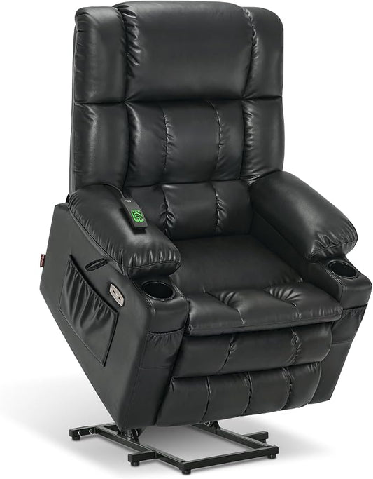 MCombo Dual Motor Power Lift Recliner Chair for Elderly, Lay Flat Lift Chair with Heat and Massage, Cup Holders, USB Ports, Faux Leather 7890 (Black, Medium)