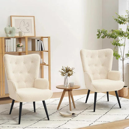Furnimart Accent Chairs Set of 2, White Sherpa Reading Armchair with High Backrest, Wingback Corner Chair Mid Century Modern for Living Room, Bedroom, Waiting Room