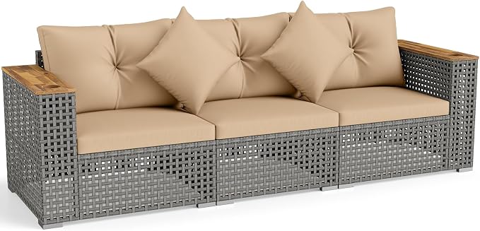 Tangkula 86.5" Large 3-Seat Patio Wicker Sofa, 3 Pieces PE Rattan Sectional Furniture Set with Cup Holder & Wood Armrest, Outdoor Couch Set with Armless & 2 Corner Sofas for Garden, Yard, Porch, Brown