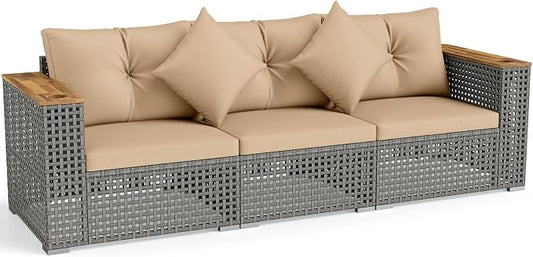 Tangkula 86.5" Large 3-Seat Patio Wicker Sofa, 3 Pieces PE Rattan Sectional Furniture Set with Cup Holder & Wood Armrest, Outdoor Couch Set with Armless & 2 Corner Sofas for Garden, Yard, Porch, Brown