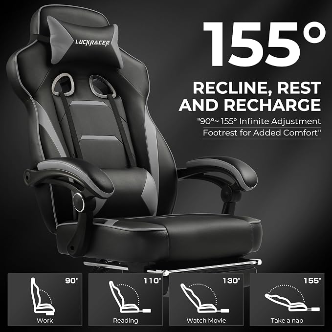 GTPLAYER Gaming Chair with Footrest, Big and Tall Game Chair 350lb Racing Style Computer Chair, Ergonomic Executive Office Chair High Back with Lumbar Support and Recliner, Light Gray