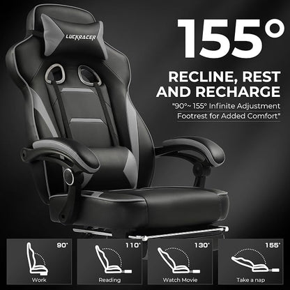 GTPLAYER Gaming Chair with Footrest, Big and Tall Game Chair 350lb Racing Style Computer Chair, Ergonomic Executive Office Chair High Back with Lumbar Support and Recliner, Light Gray