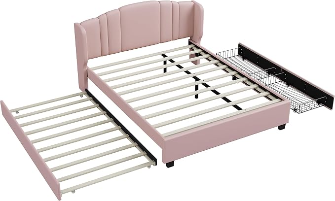 Merax Queen Size Platform Bed Frame with Twin Trundle, Storage 2 Drawers and Upholstered Headboard, No Box Spring Needed