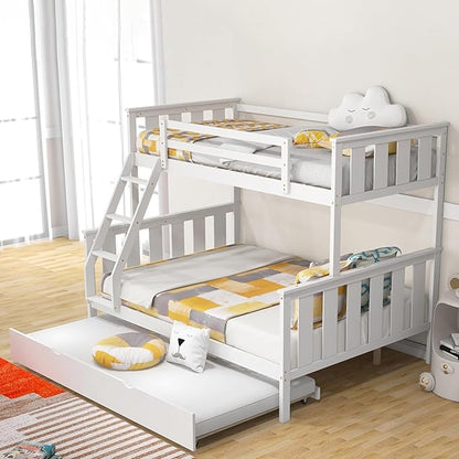 KOMFOTT Twin Over Full Bunk Bed with Trundle, Wood Bunk Bed with Pull-Out Trundle Bed, Solid Wood Frame, Ladder & Safety Guardrails, Convertible to 2 Separated Beds, No Box Spring Needed (White)