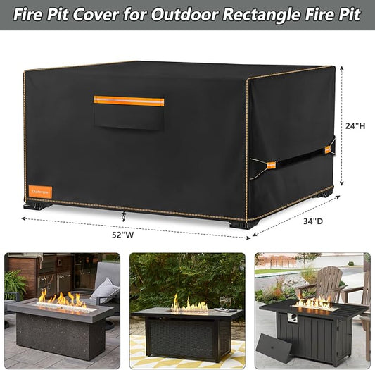 Fire Pit Cover,Outdoor Heavy Duty 600D 100% Waterproof Fire Pit Cover Rectangular,Weatherproof Firepit Covers Rectangle 52" L x 34" W x 24" H,Black