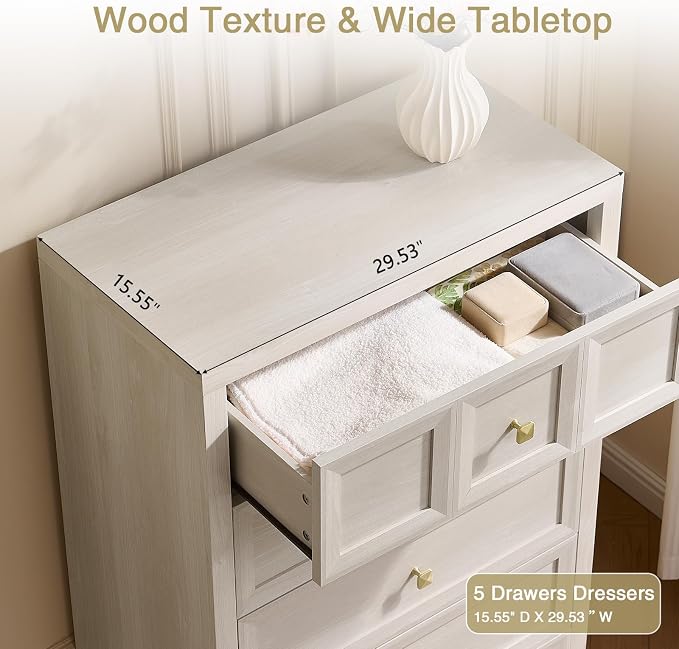5 Drawers Dresser for Bedroom, 45.7" Tall Large Dresser & Chests of Drawers with Metal Handle, Clothes Storage Organizer Dresser w/Natural Texture for Bedroom, Living Room-Grey White