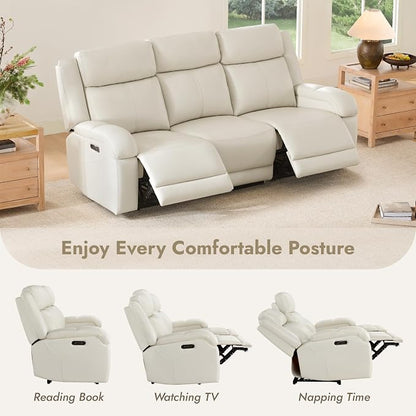 Watson & Whitely Genuine Leather Power Recliner Sofa, 3 Seater Wall Hugger Reclining Sofas with Power Headrest, USB & TypeC Ports, Electric Recliner Couch Set for Living Room, Cream