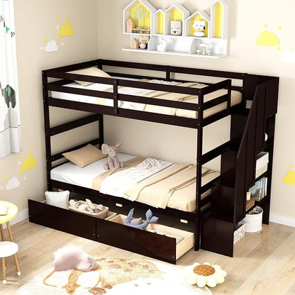 KOMFOTT Wood Twin Over Twin Bunk Bed with Storage Drawers & Stairs, Bunk Beds with Bookcase & Safety Guardrail, Solid Wood Slatted Bunk Bed for Kids Teens Adults, No Box Spring Needed (Espresso)
