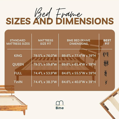 Bme Caden 15 Inch Deluxe Bed Frame with Adjustable Headboard - Mid Century, Retro Style with Acacia Wood - No Box Spring Needed - 12 Strong Wood Slat Support - Easy Assembly - Caramel, King