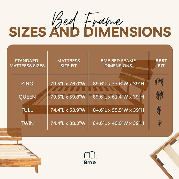 Bme Caden 15 Inch Deluxe Bed Frame with Adjustable Headboard - Mid Century, Retro Style with Acacia Wood - No Box Spring Needed - 12 Strong Wood Slat Support - Easy Assembly - Caramel, Full