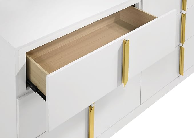 Coaster Home Furnishings - INES - Wood - 6-Drawer Dresser with Scratch-Resistant, Gold Pulls and Contemporary Style - Bedroom - White High Gloss - 223093