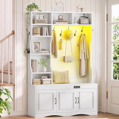 UPOSOJA Hall Tree with Deodorizing, Entryway Bench Shoe Storage, Coat Racks, Led Lights, 7 Coat Hooks, 7 Storage Cubbies, Adjustable Shelf (White)