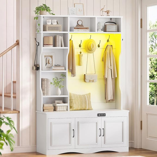 UPOSOJA Hall Tree with Deodorizing, Entryway Bench Shoe Storage, Coat Racks, Led Lights, 7 Coat Hooks, 7 Storage Cubbies, Adjustable Shelf (White)