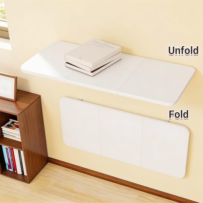 Neoaider Wall Mounted Folding Desk 35.4” x 15.7”, White | Drop Down Table with Metal Collapsible Brackets, Folding Wall Table for Small Spaces, Home, Office, Kitchen, Laundry Room