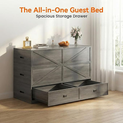 CECER 3-in-1 Full Murphy Bed with Mattress for Small Space -Grey | Multi-Functional Desgin that Converts to Sofa Set，Bed and Cabinet，Easy Assemble ＆ Conversion