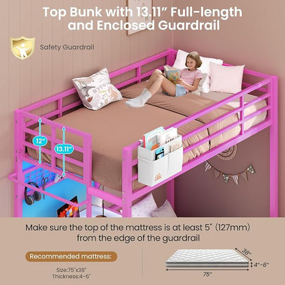 DICTAC Bunk Bed Twin Over Twin with Desk and Storage Metal L-Shaped Bunk Beds with Led Lights & Charging Station,Pink bunk Beds for Kids with Safety Guardrail and Ladder,Girls Bed,No Box Spring Needed