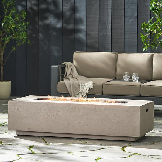 Merax 56" Rectangular MGO Propane Fire Pit Table, 50,000 BTU Outdoor Patio Heater with Modern Concrete Design for Backyard, Deck, Garden (Tank Cover Not Included), Light Grey