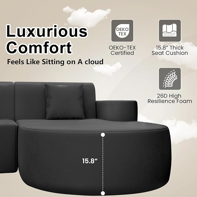 Modern Curved Boneless Sofa Couch, L-Shaped Corner Sofa, Chenille Upholstered Cloud Sectional Couch for Living Room, Bedroom and Apartment,No Assembly Needed(Black, Right Hand Facing)