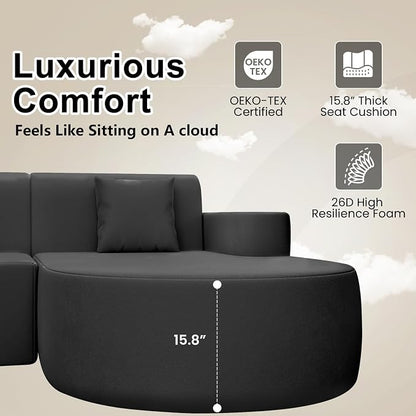 Modern Curved Boneless Sofa Couch, L-Shaped Corner Sofa, Chenille Upholstered Cloud Sectional Couch for Living Room, Bedroom and Apartment,No Assembly Needed(Black, Right Hand Facing)