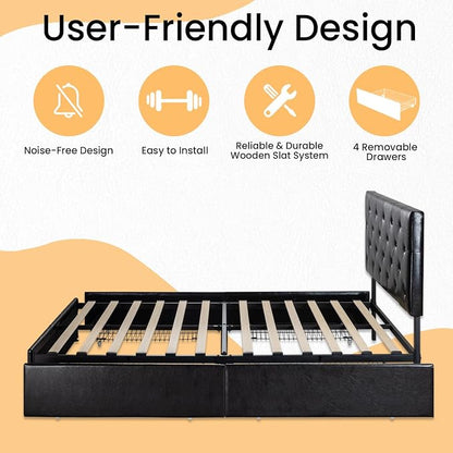 SHA CERLIN Upholstered Queen Platform Storage Bed Frame with 4 Drawers, Adjustable Headboard with Faux Leather Diamond Button Tufted Design, Wooden Slat Support, No Box Spring Needed, Black